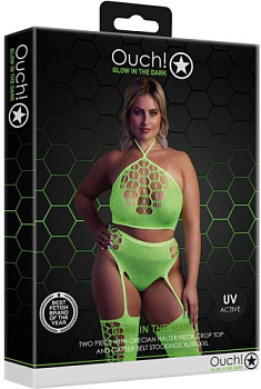 Неоновый топ с чулками и трусиками Glow in the dark зеленый от sex shop Hustler